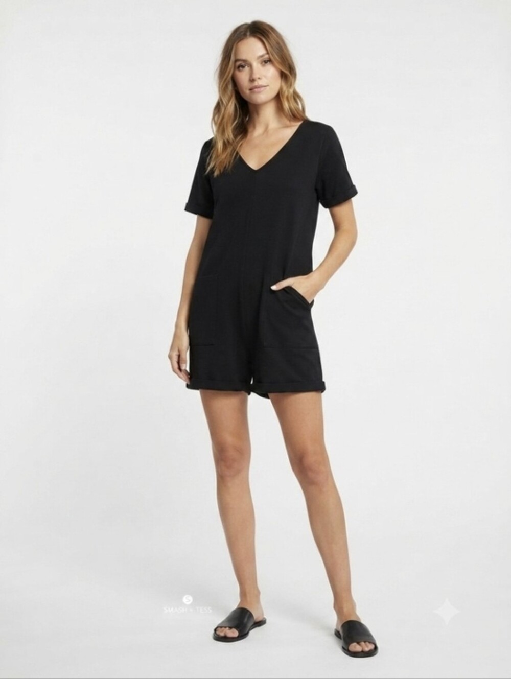 Smash + Tess V-Neck Shorty Romper in Navy